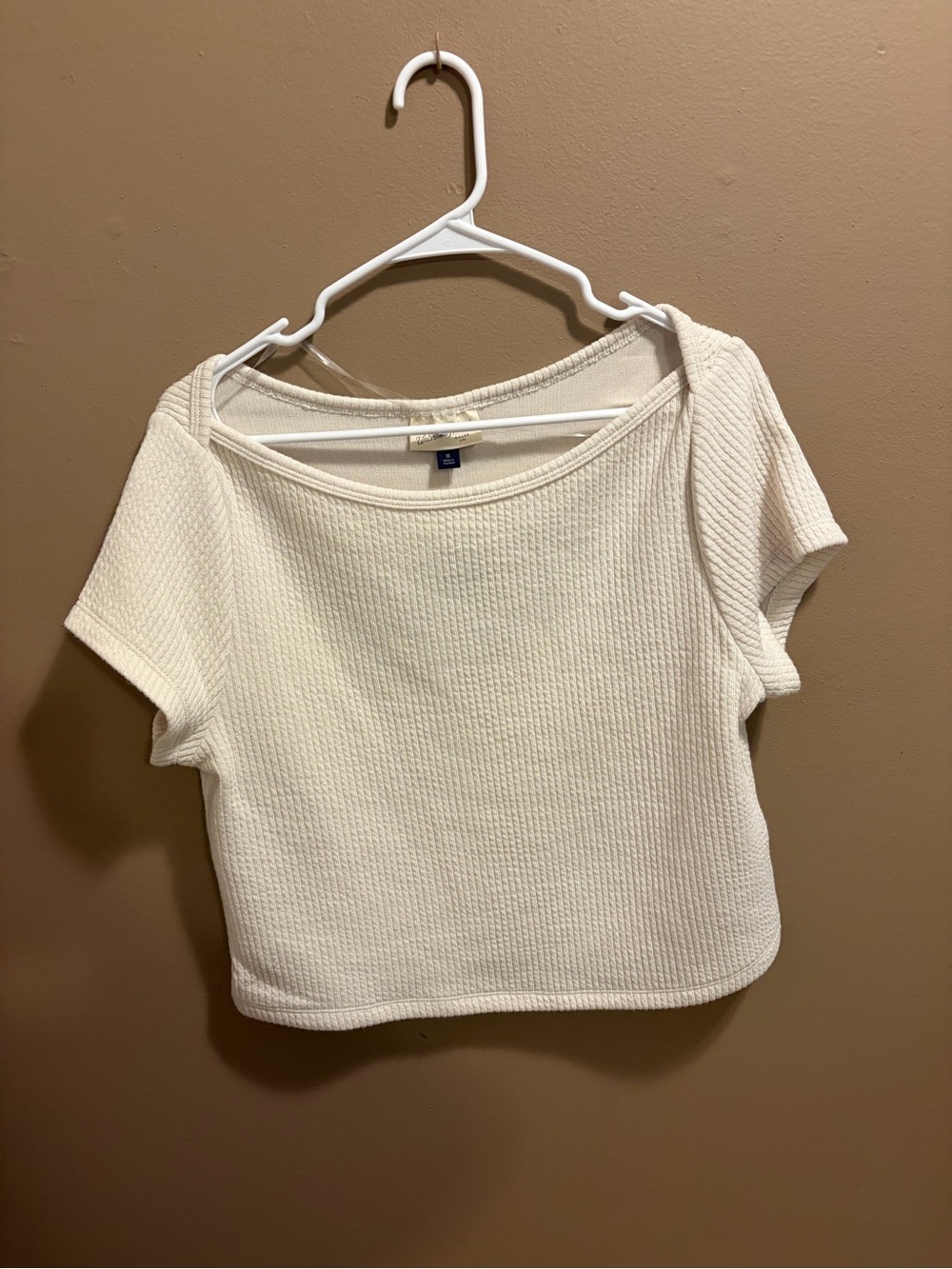 Target Universal Thread off-white ribbed boatneck crop top.